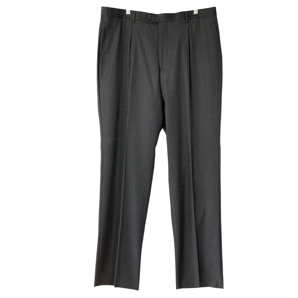 Bachrach Charcoal Pinstripe Dress Pants 38R Button Zip Pleated Wool Trousers NEW